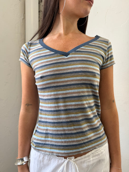Striped Blue Green Brown V Neck Tee - Size Small