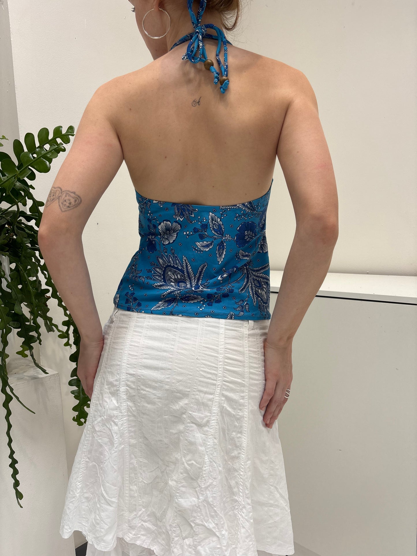 Blue Patterned Halter Neck Top - Size Small
