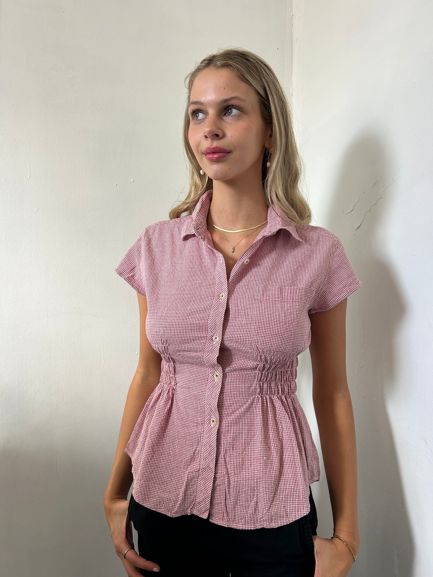 Red White Gingham Reworked Button Up Shirt - Size Small