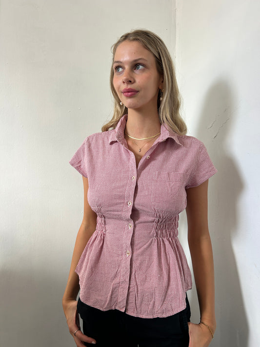 Red White Gingham Reworked Button Up Shirt - Size Small