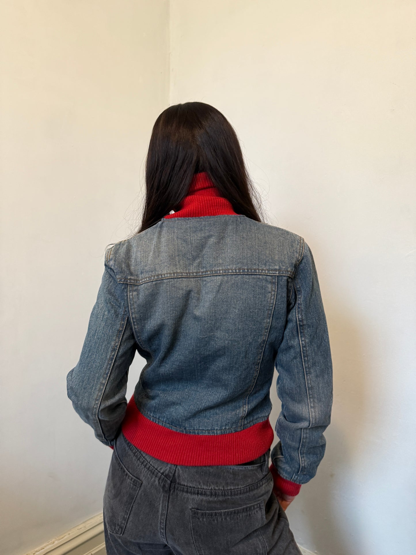 Denim Red Zip Up Jacket - Size Small