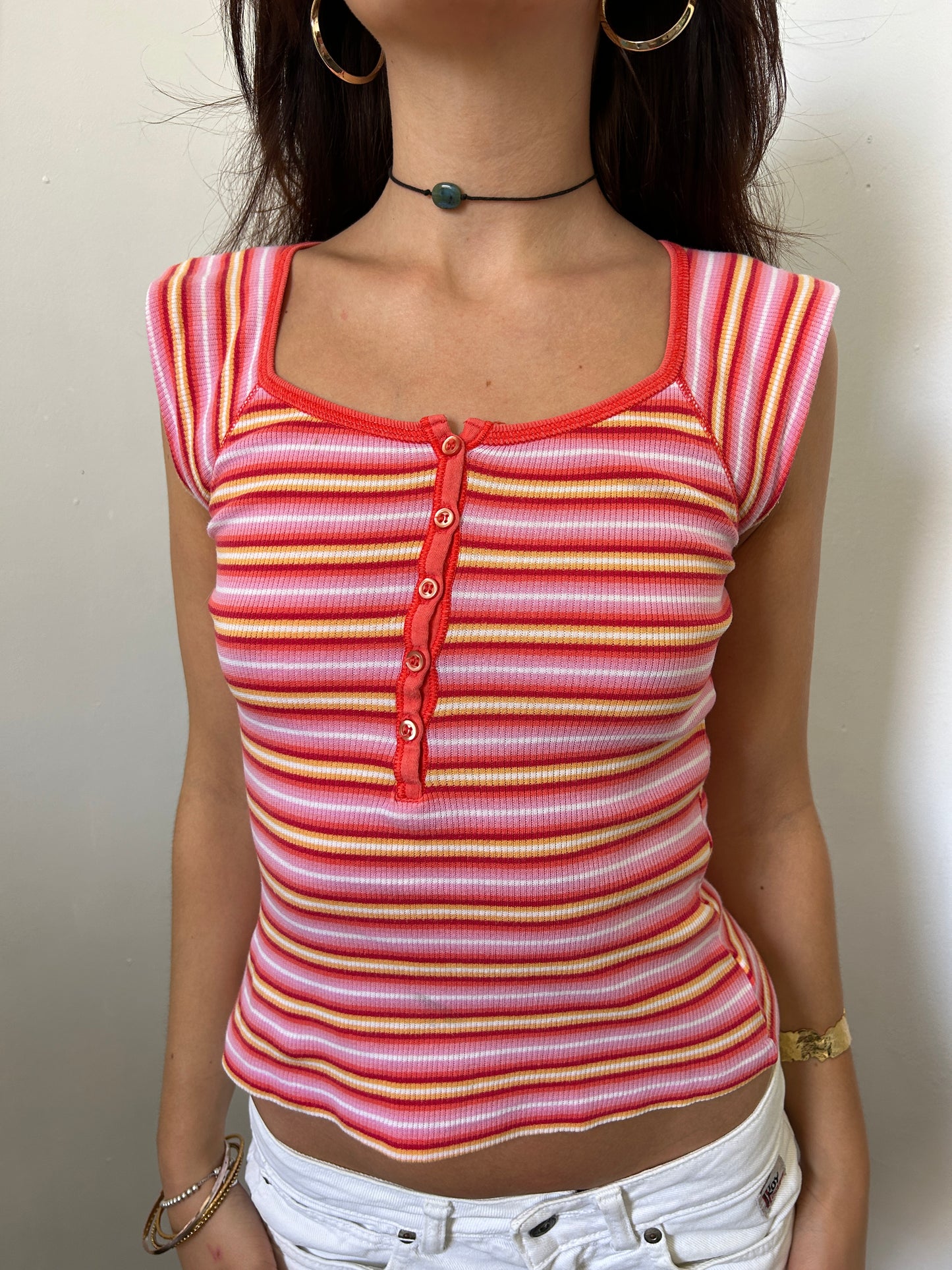Pink Red Yellow Striped Button Up Top - Size Extra-Small/Small