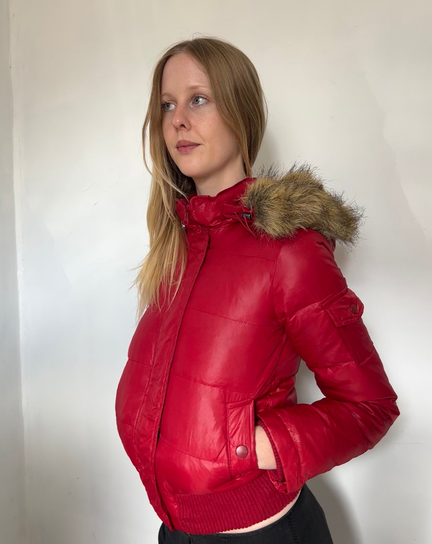 Red w Faux Fur Hood Puffer Jacket - Size Extra-Small