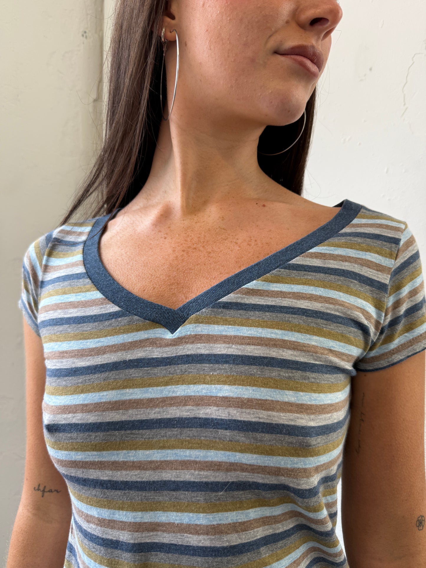 Striped Blue Green Brown V Neck Tee - Size Small