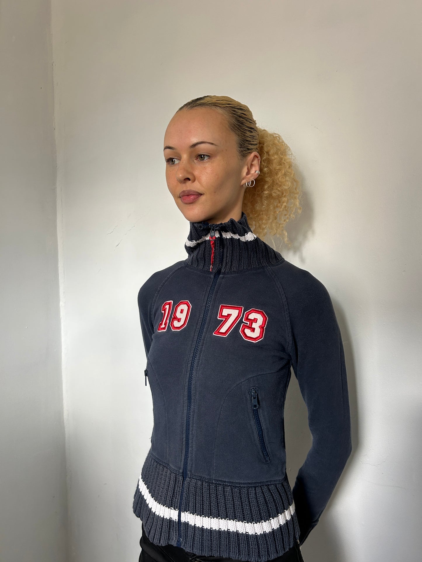 Navy Red White Zip Up Jumper - Size Extra-Small