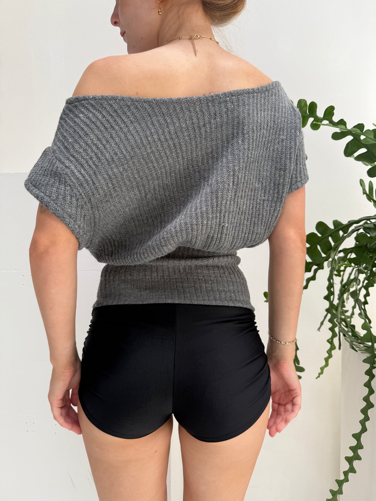 Grey Slouchy Off Shoulder Top - Size Small