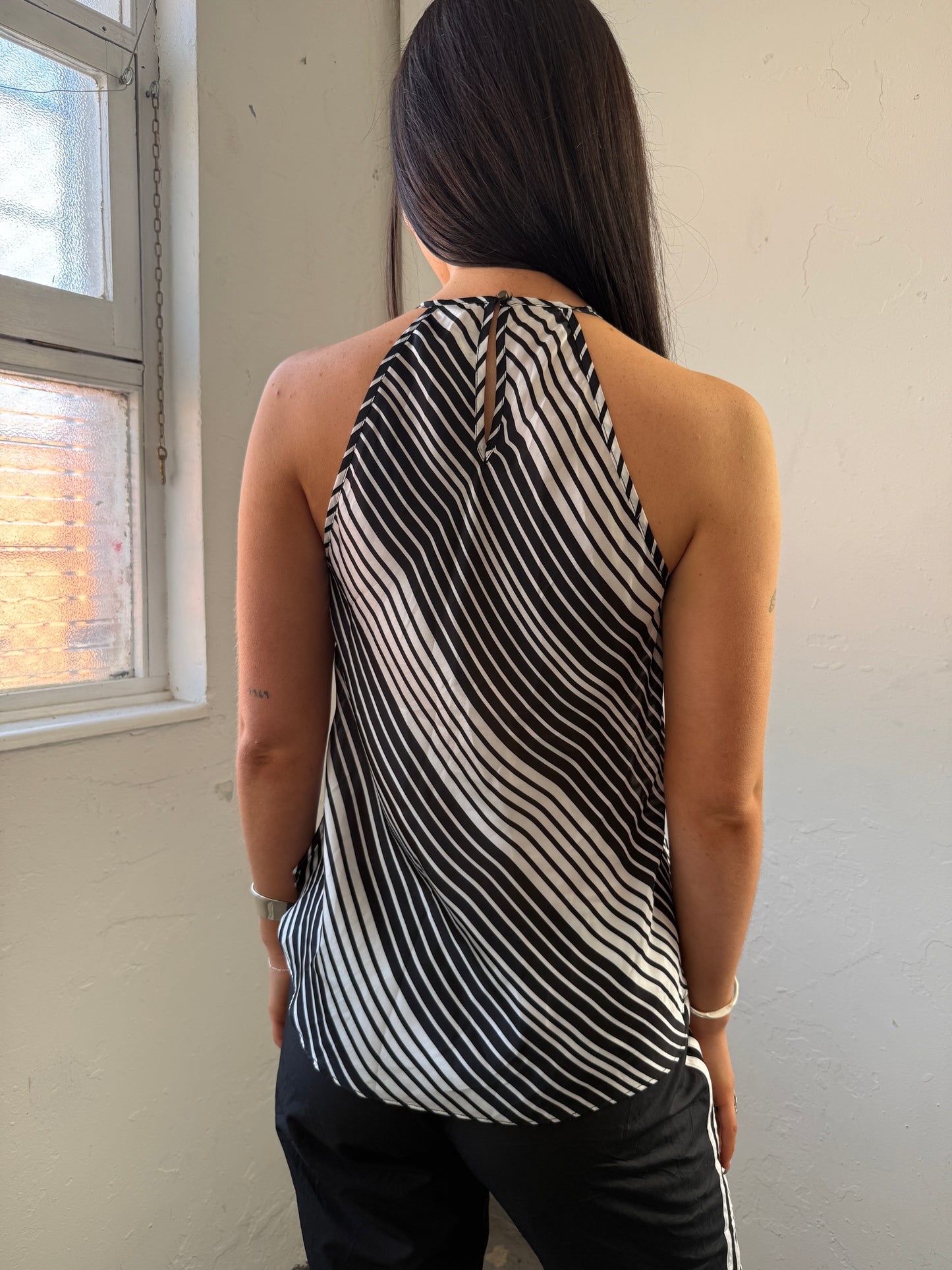 Black White Striped Halter Neck Top - Size Small