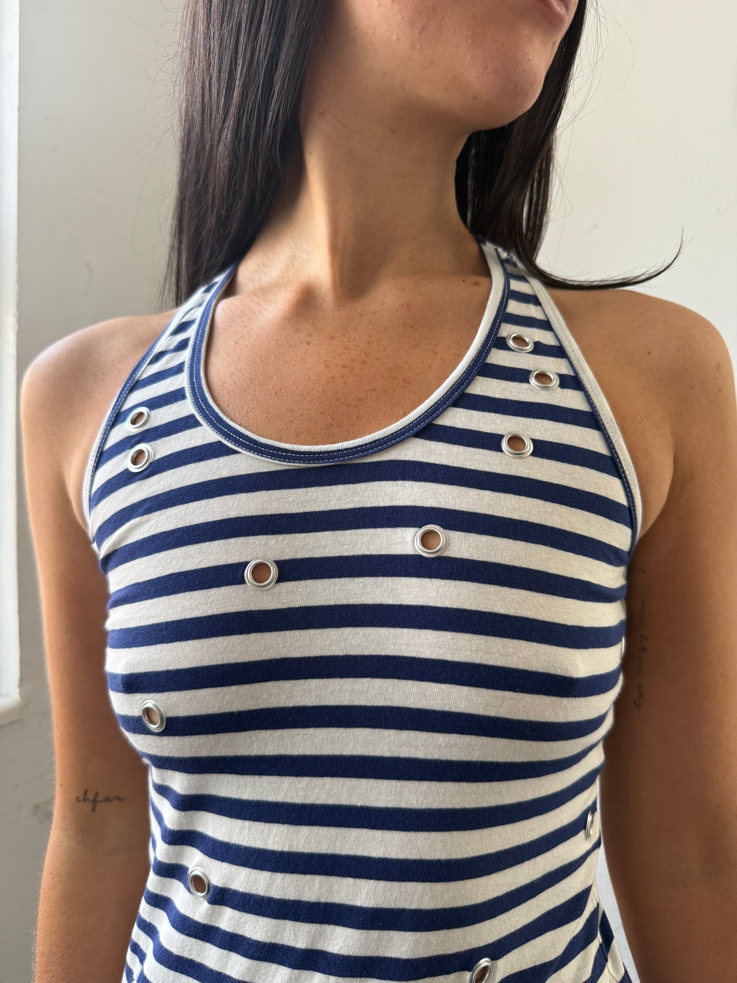 Blue White Striped Grommet Top - Size Small
