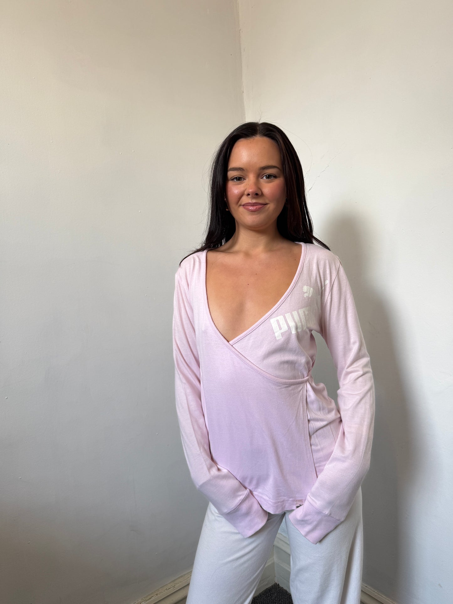 Pink White Puma Long Sleeve Wrap Top - Size Medium