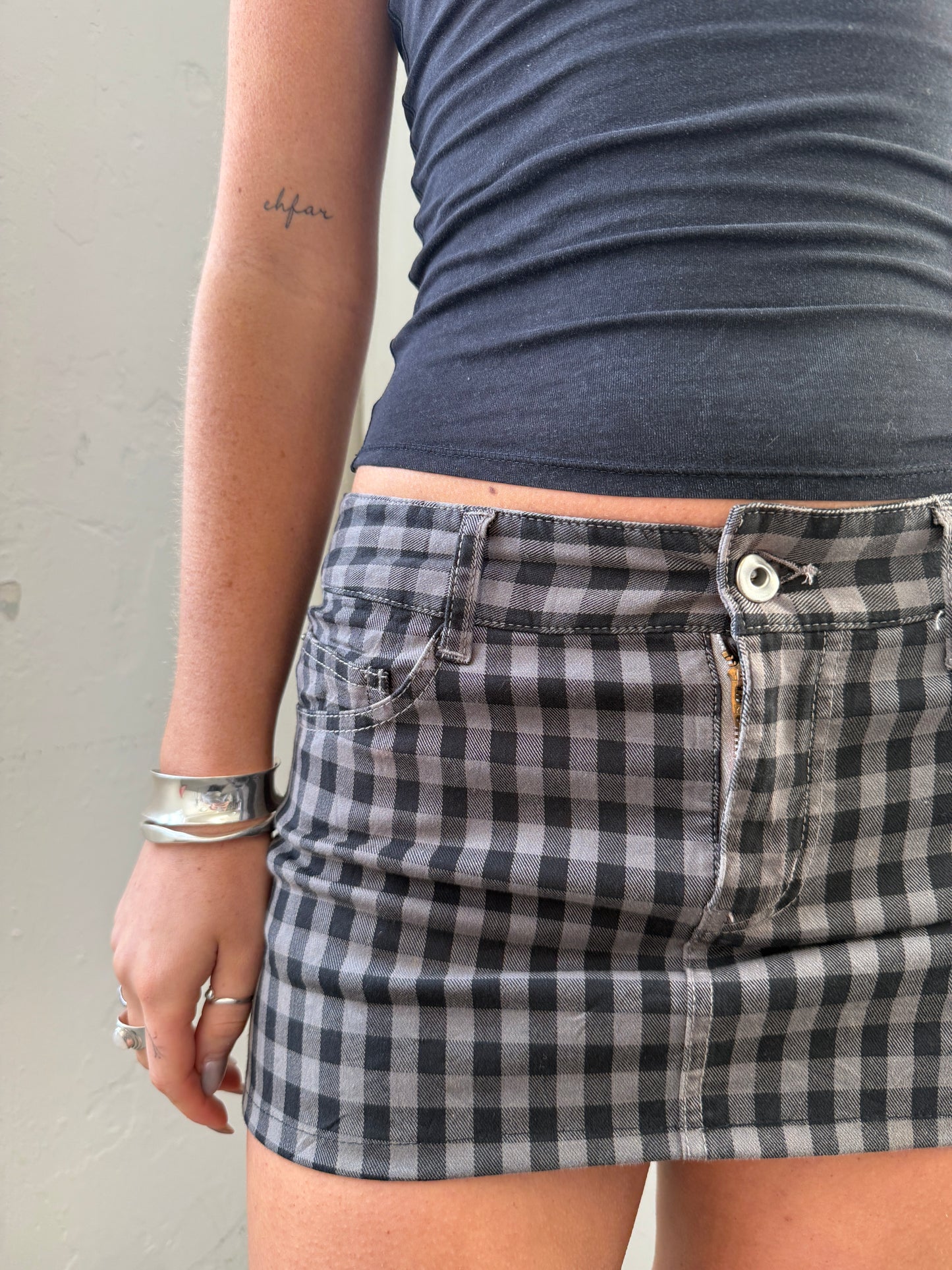 Checkered Black Brown Star Denim Mini Skirt - Size Small