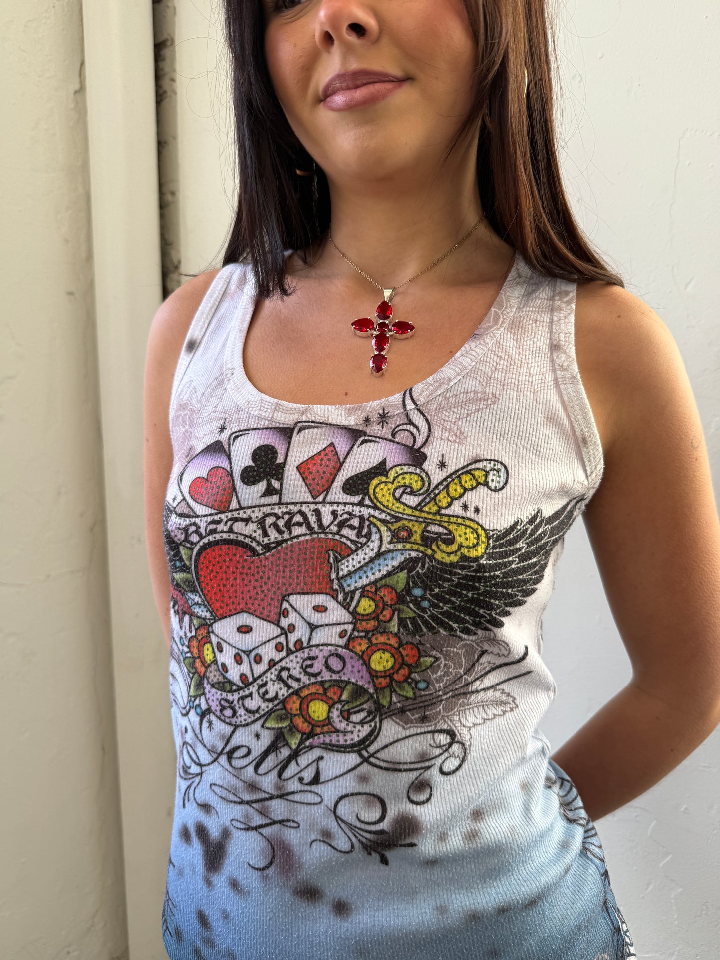 White Graphic Print Tank Top - Size Small/Medium