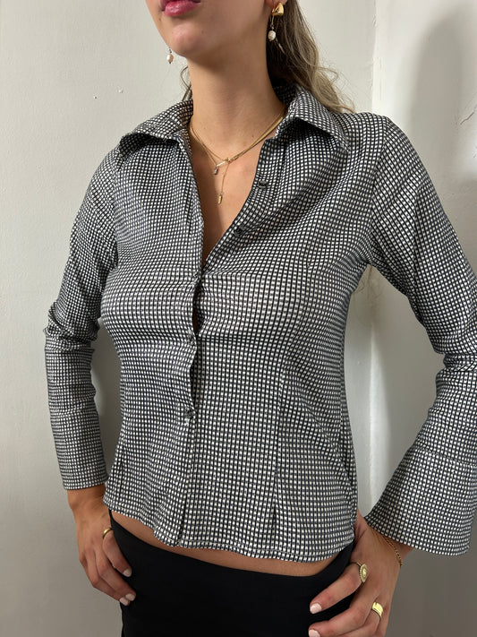 Black White Checkered Sparkle Button Up Shirt - Size Small