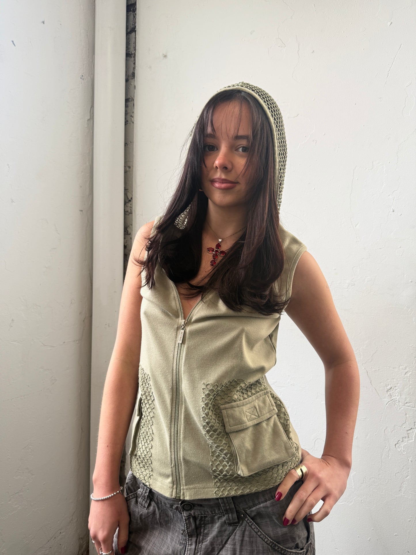 Green Mesh Hooded Zip Up Top - Size Medium