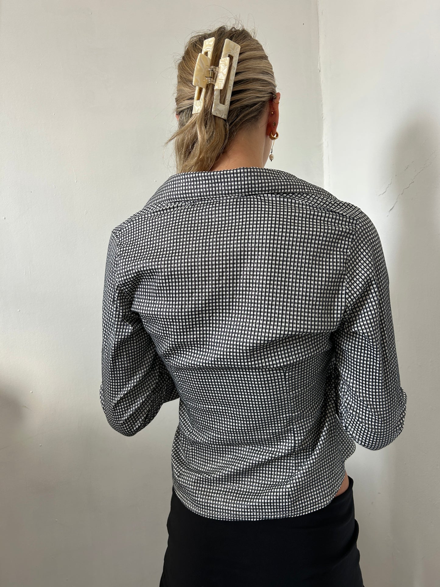 Black White Checkered Sparkle Button Up Shirt - Size Small