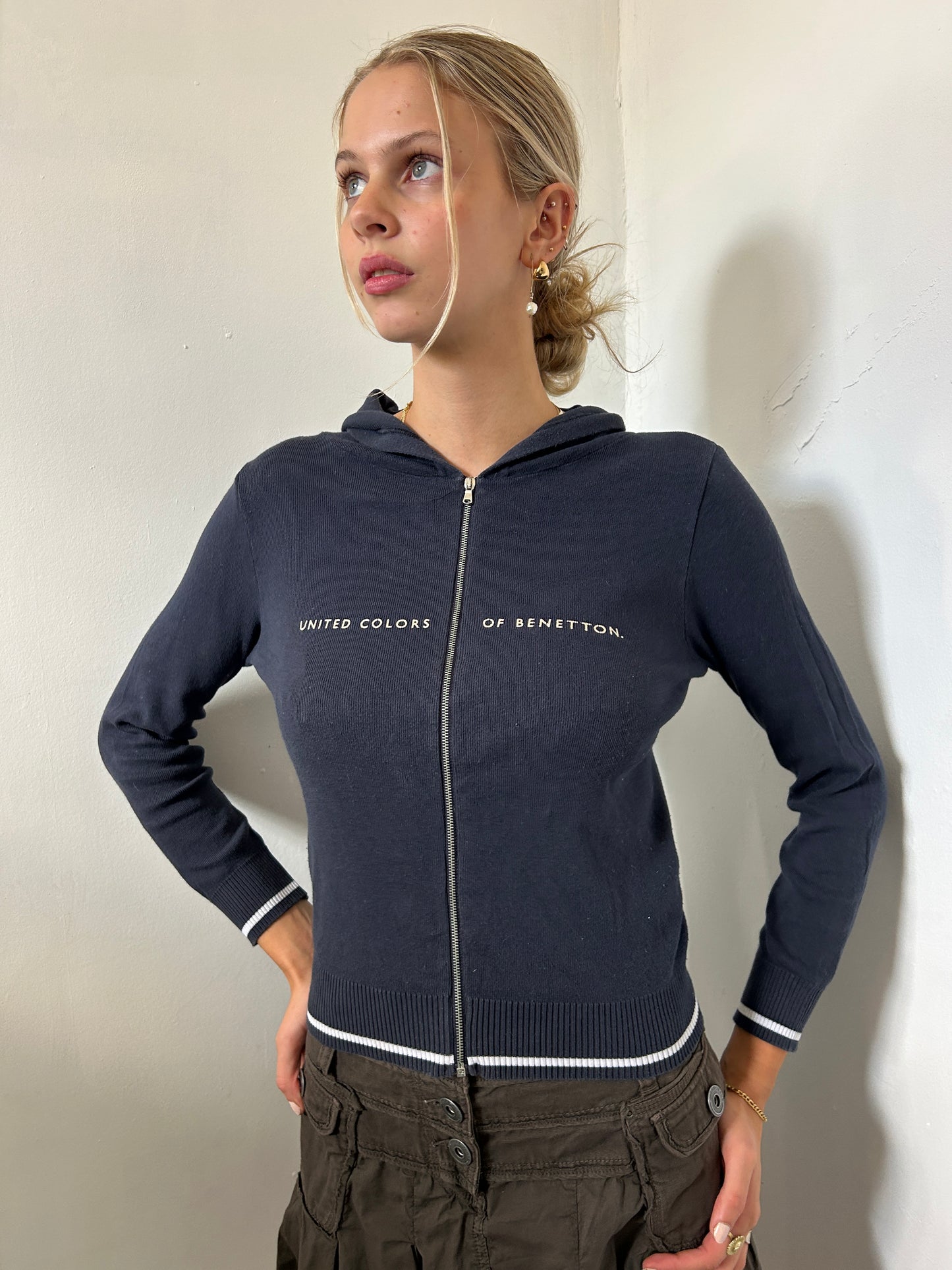 Navy Blue White Zip Up Hoodie - Size Small