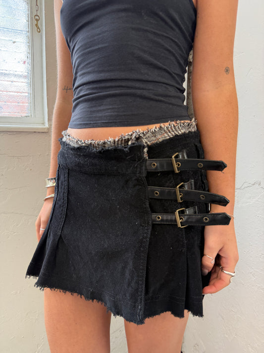 Black Corduroy Mini Skirt w Buckles - Size Small
