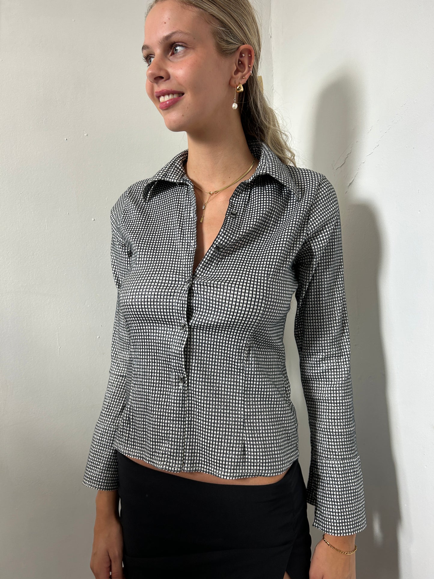 Black White Checkered Sparkle Button Up Shirt - Size Small