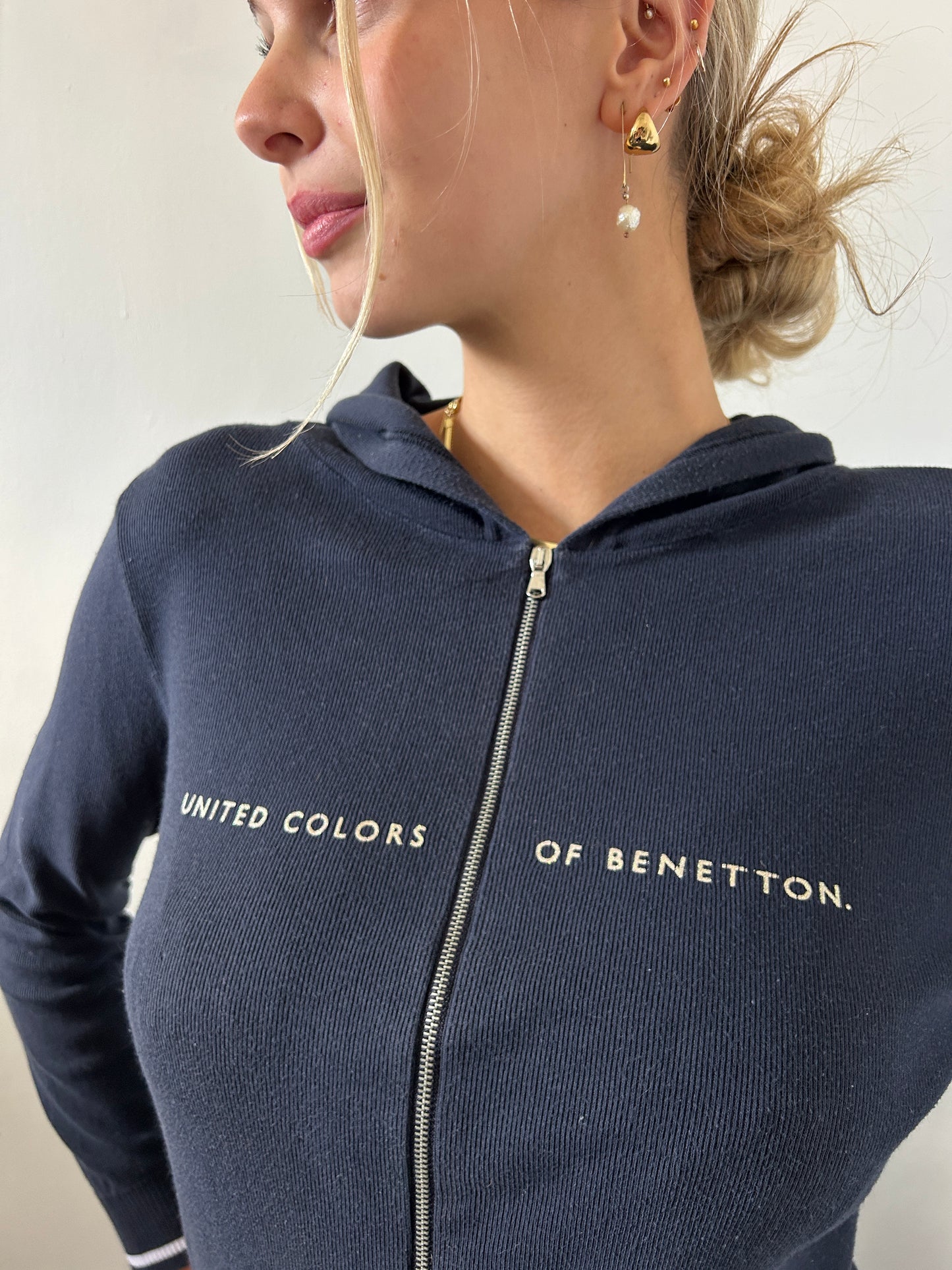 Navy Blue White Zip Up Hoodie - Size Small