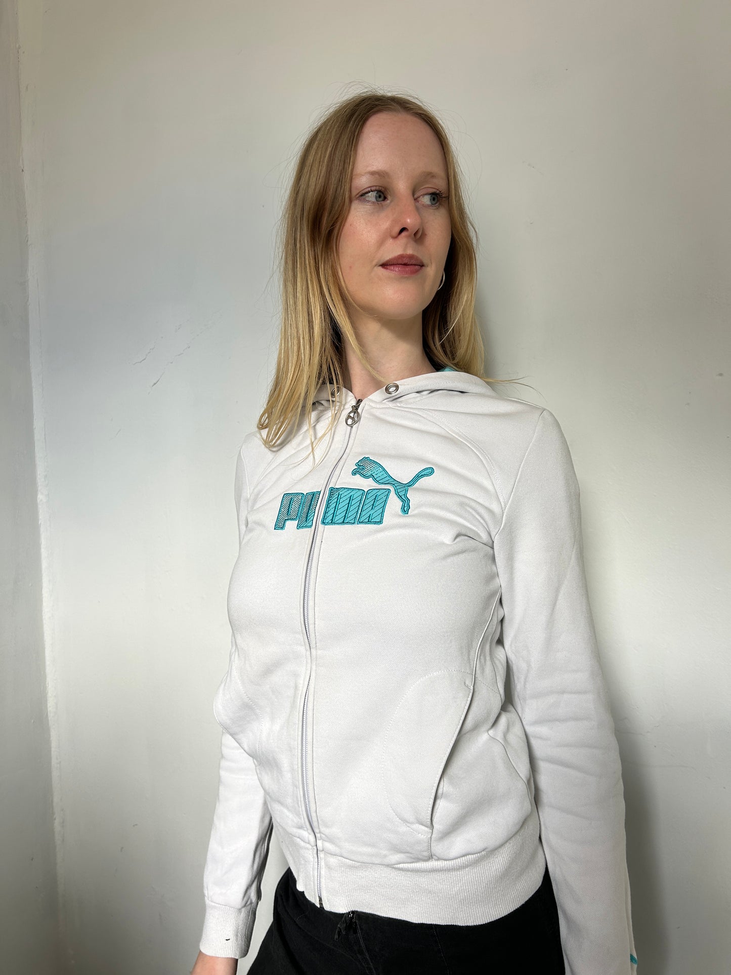 White Blue Puma Zip Up Hoodie - Size Medium