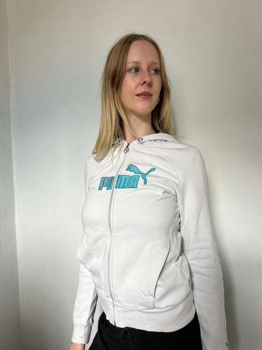 White Blue Puma Zip Up Hoodie - Size Medium