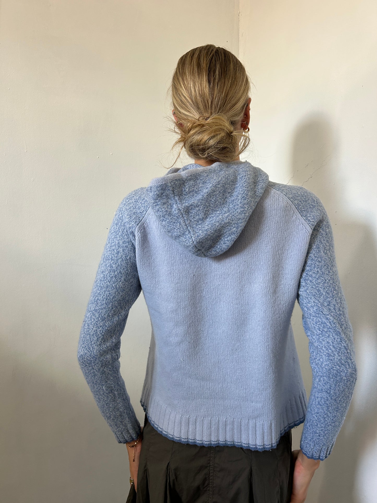Blue w White Black Writing Knitted Hoodie - Size Small