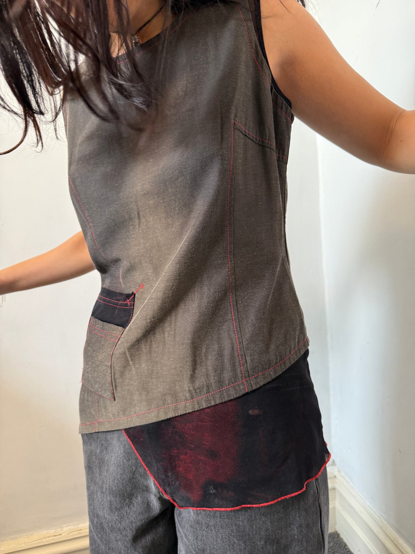 Asymmetrical Dark Khaki Washed Red Stitching Top - Size Medium