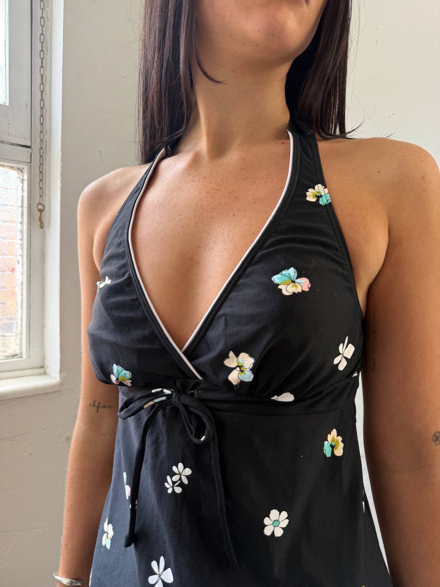 Black White Floral Halter Neck Dress - Size Small