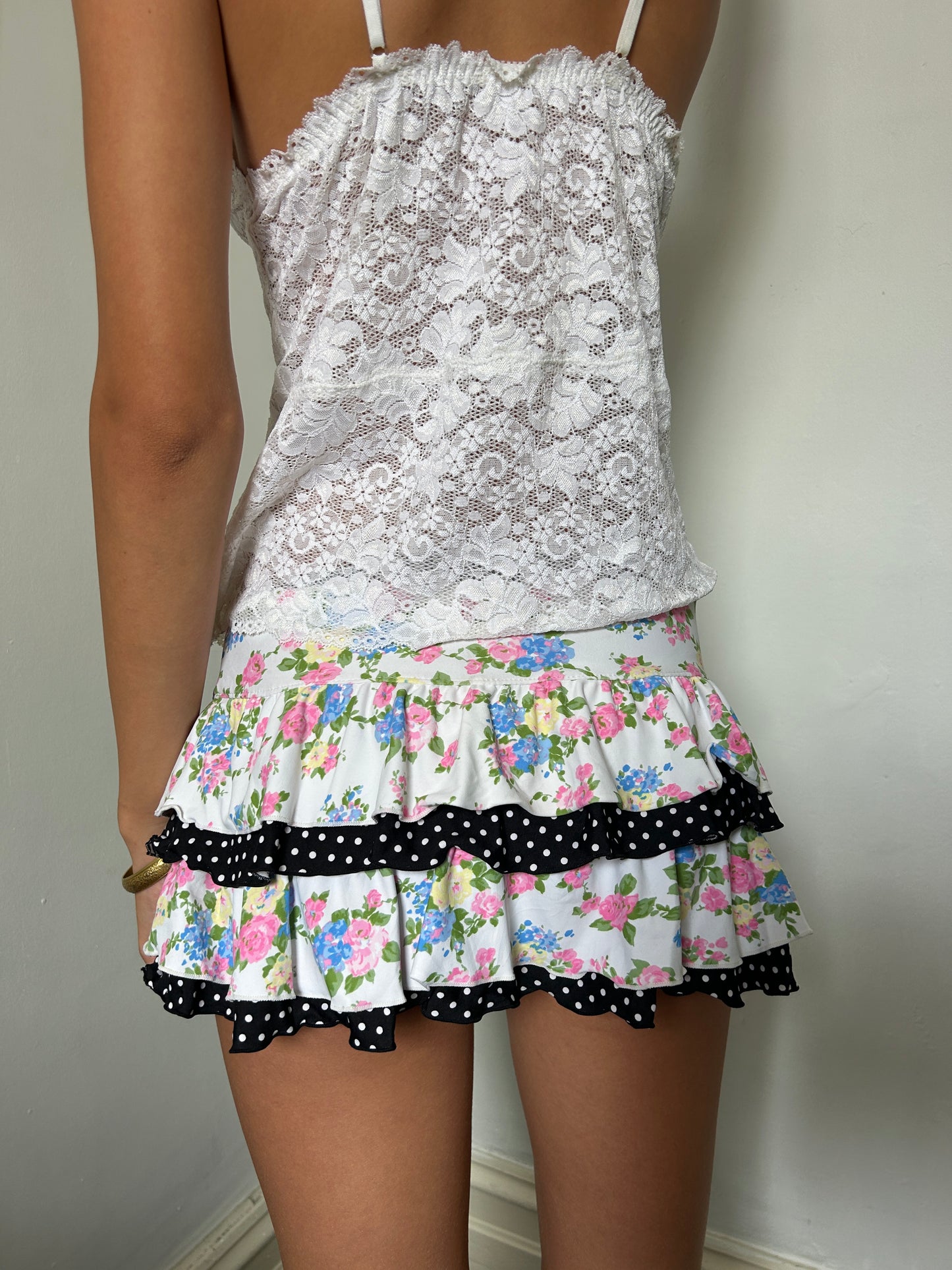 White Floral Polka Dot Mini Swim Skirt - Size Medium