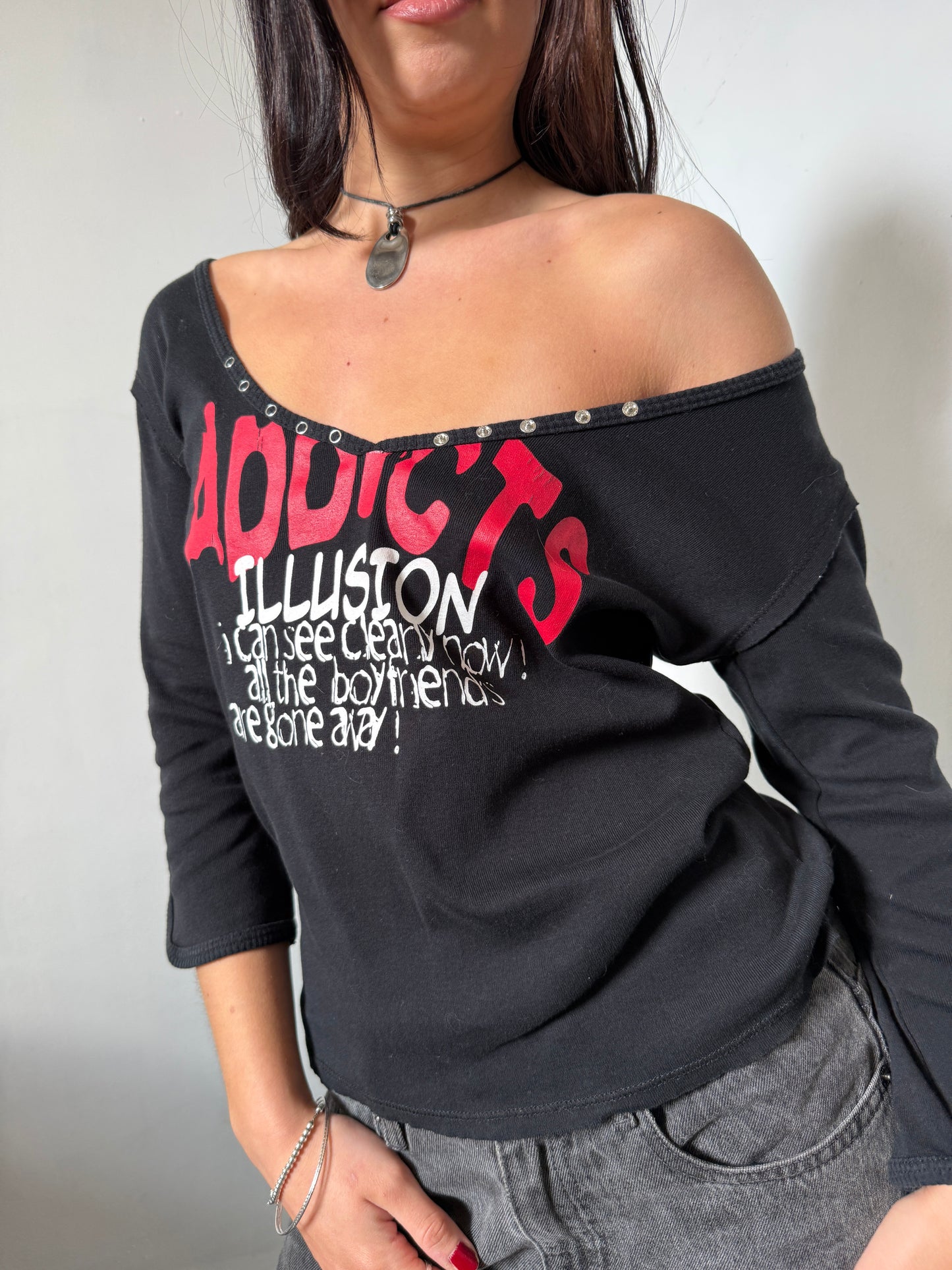 Black Red Off Shoulder Top - Size Medium