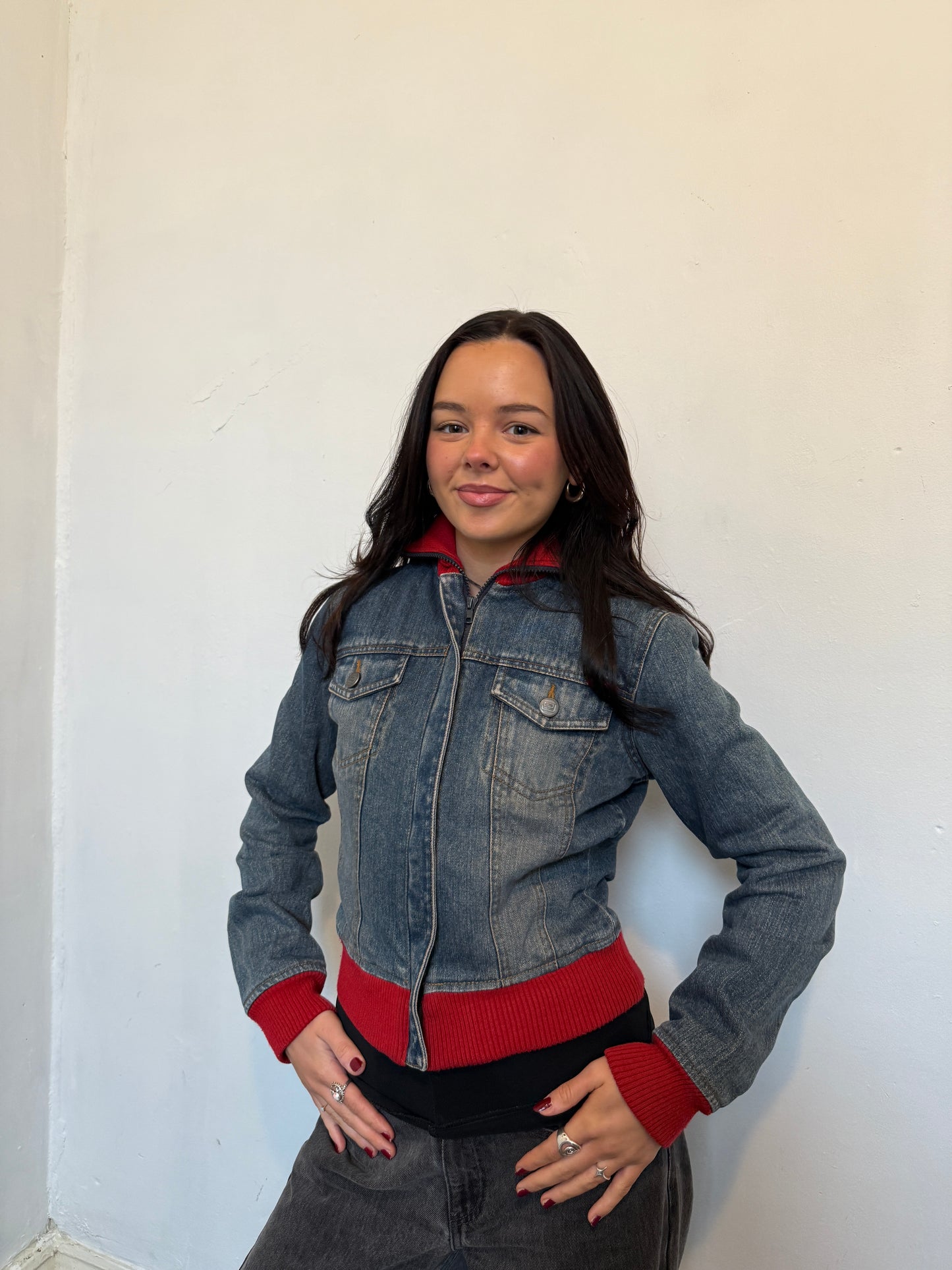 Denim Red Zip Up Jacket - Size Small