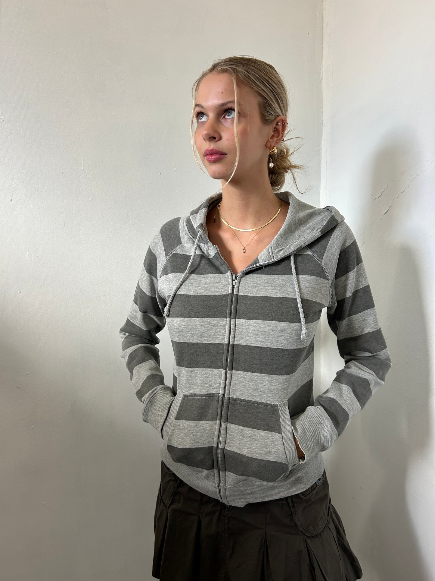 Grey Striped Zip Up Hoodie - Size Small