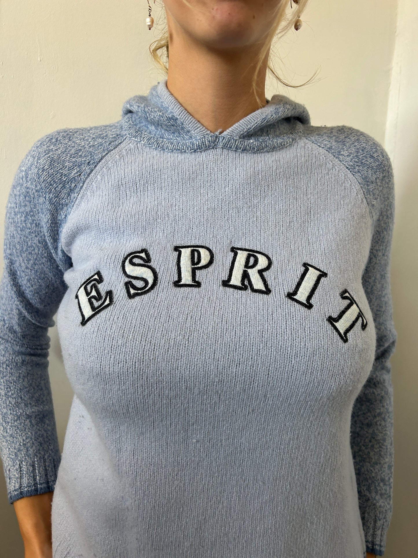 Blue w White Black Writing Knitted Hoodie - Size Small