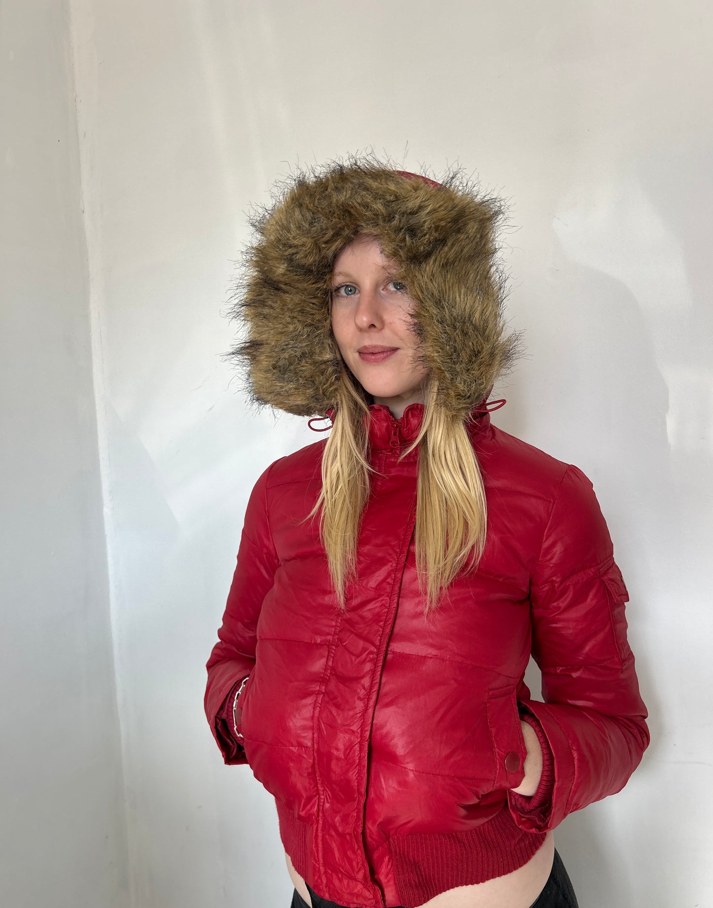 Red w Faux Fur Hood Puffer Jacket - Size Extra-Small