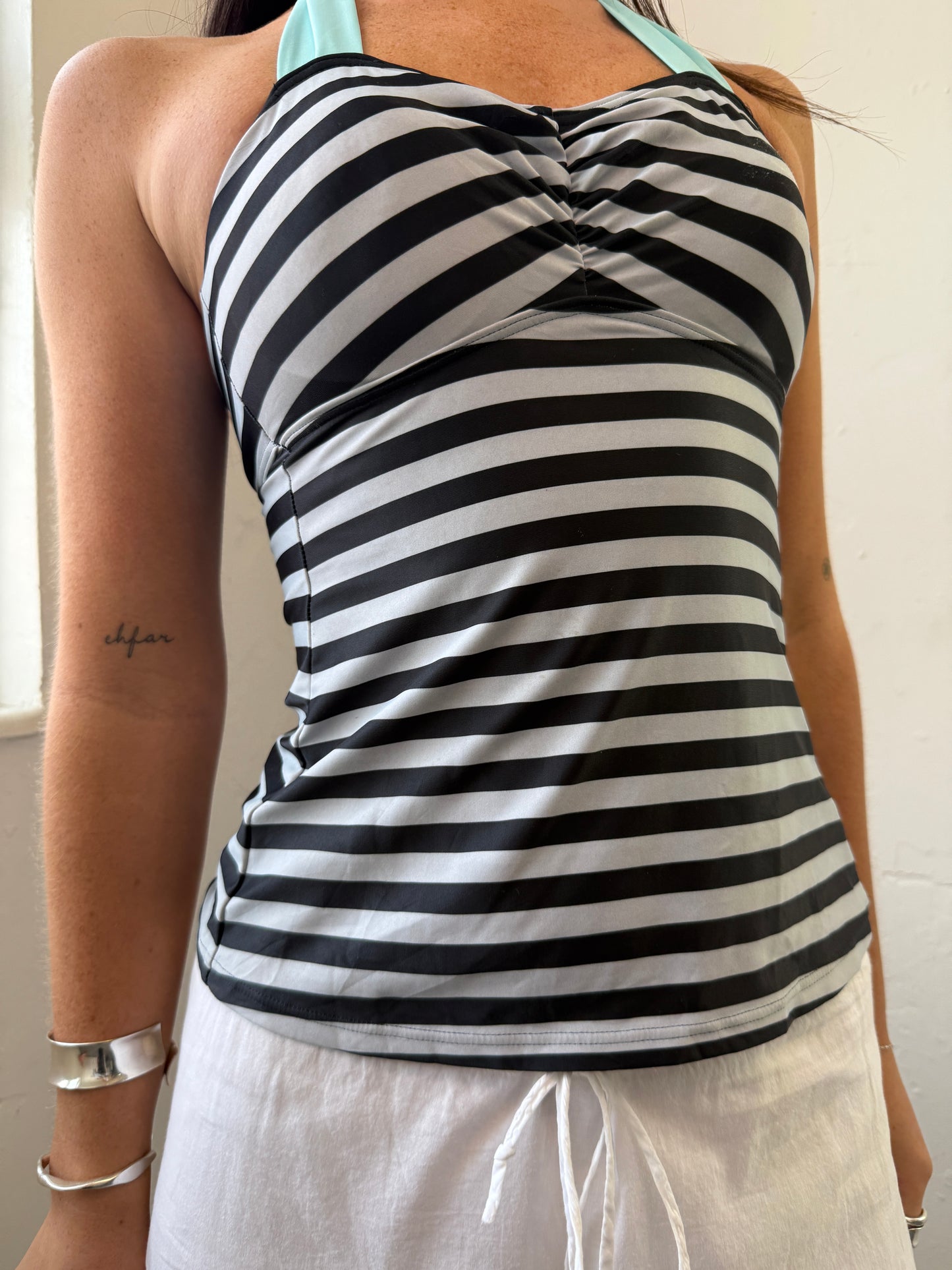 Black Grey Blue Striped Halter Neck Top - Size Small