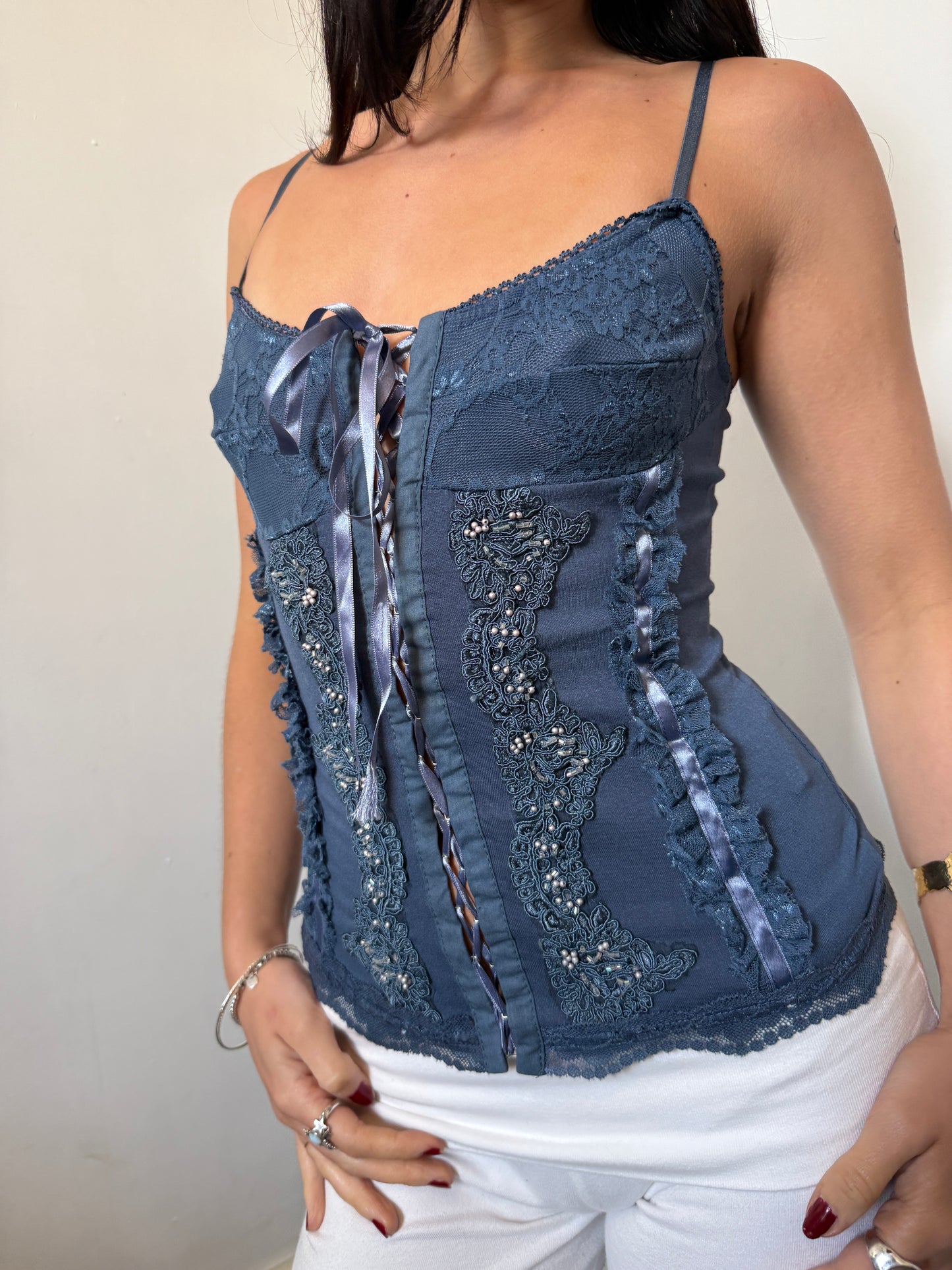 Blue Lace Corset Style Top - Size Small