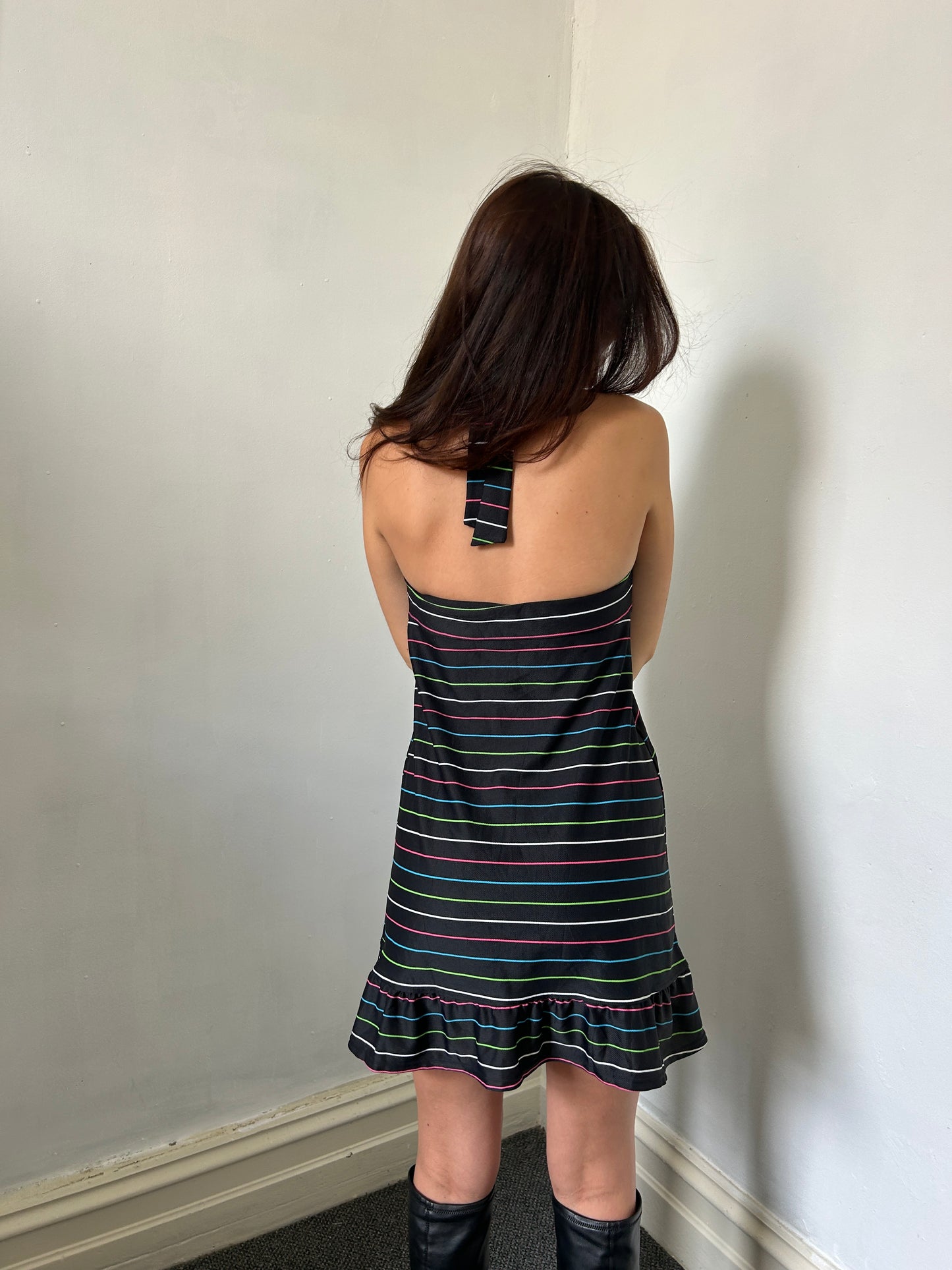 Black Pink Blue Green White Halter Neck Swim Dress - Size Small/Medium