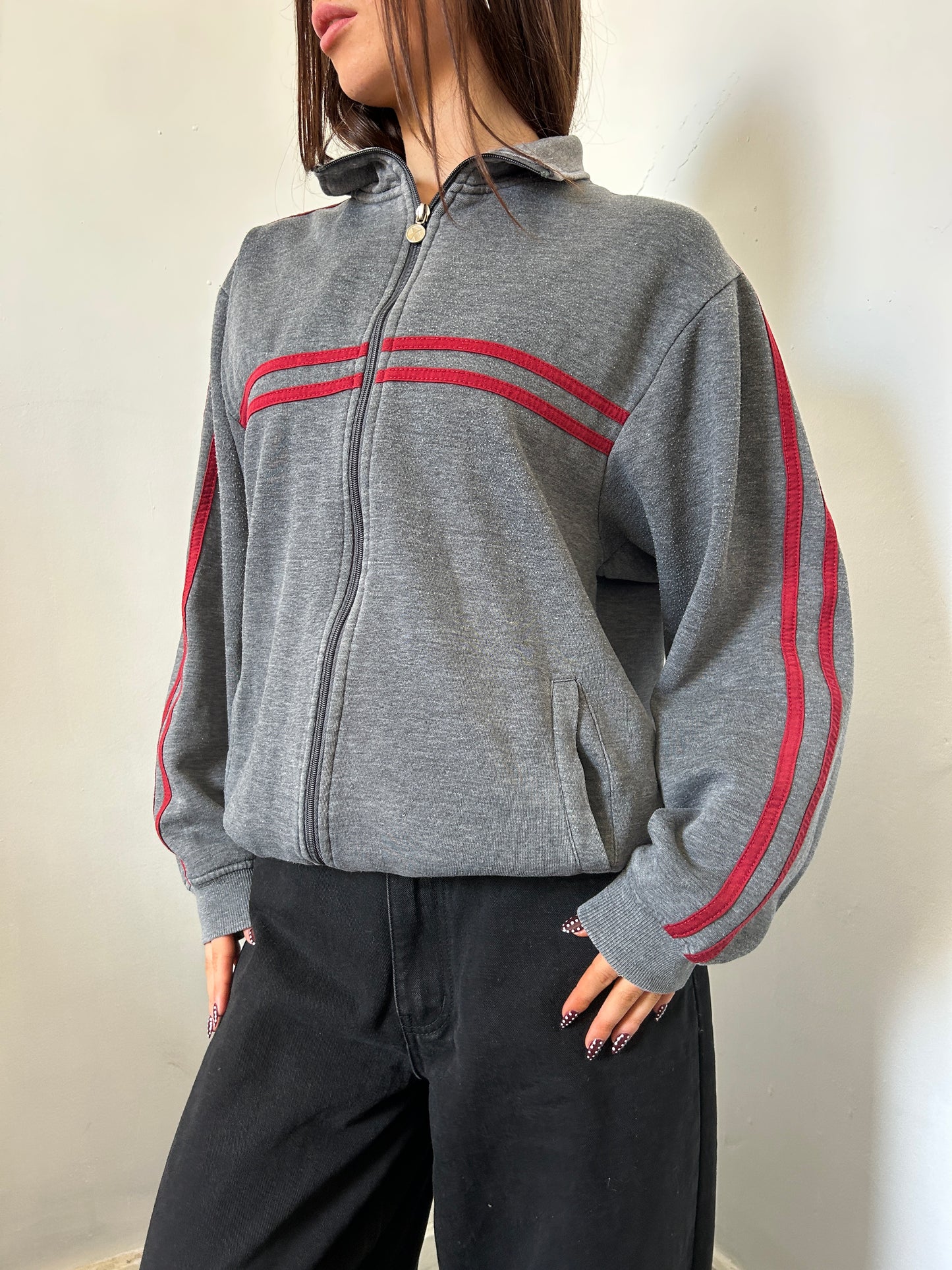 Grey With Red Stripes Zip Up Jumper - Size Large