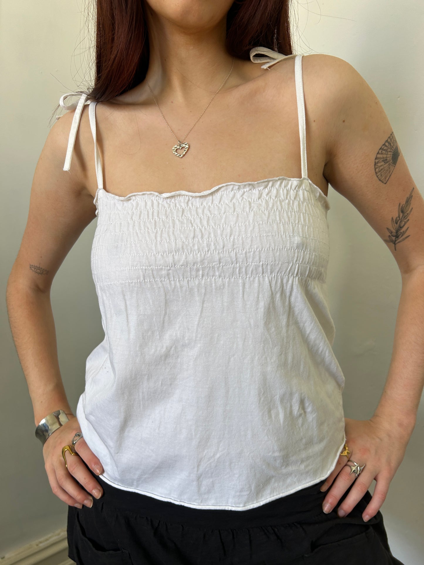 White Cotton Tie Ruched Cami Top - Size Small