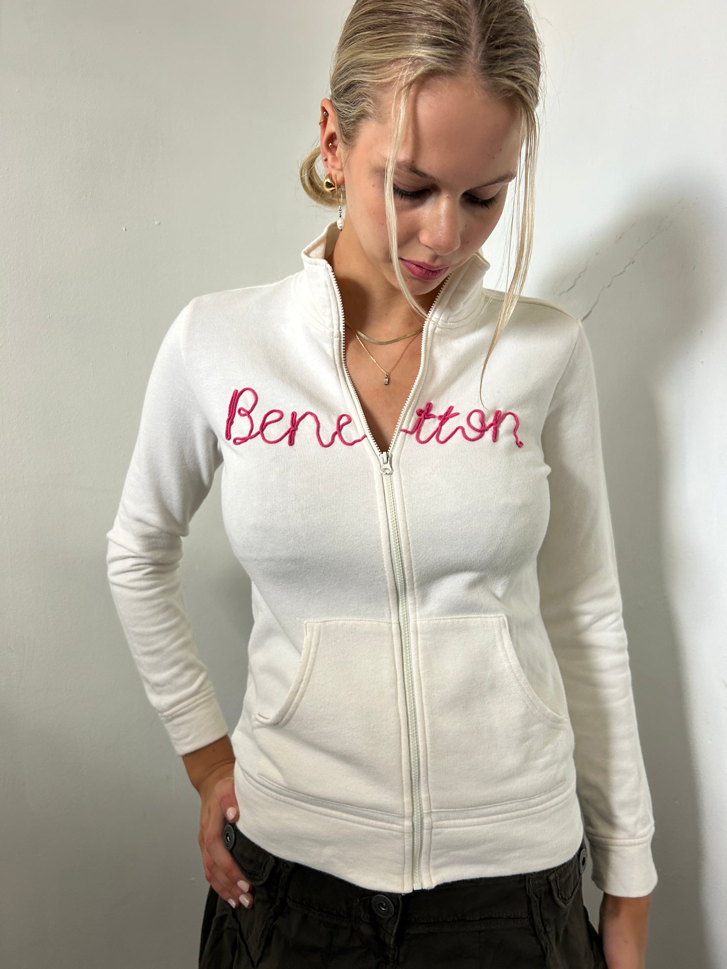 White Pink Benetton Zip Up Cardigan - Size Small
