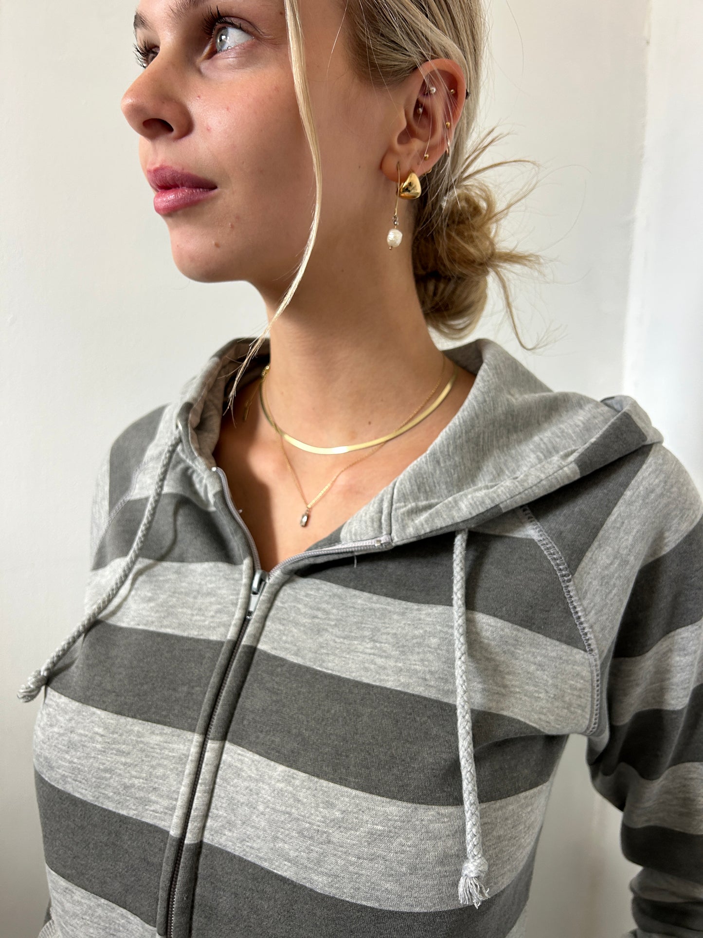 Grey Striped Zip Up Hoodie - Size Small
