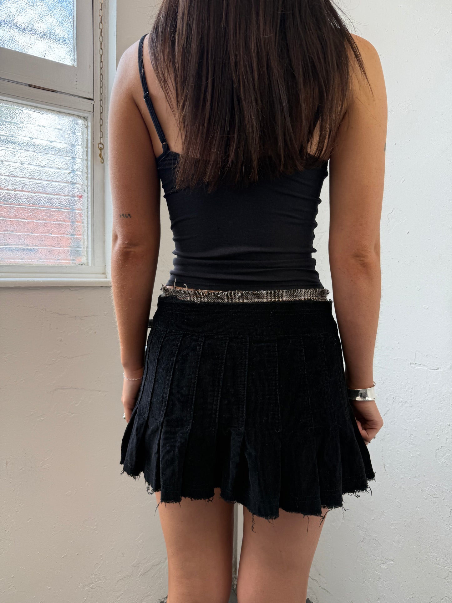 Black Corduroy Mini Skirt w Buckles - Size Small