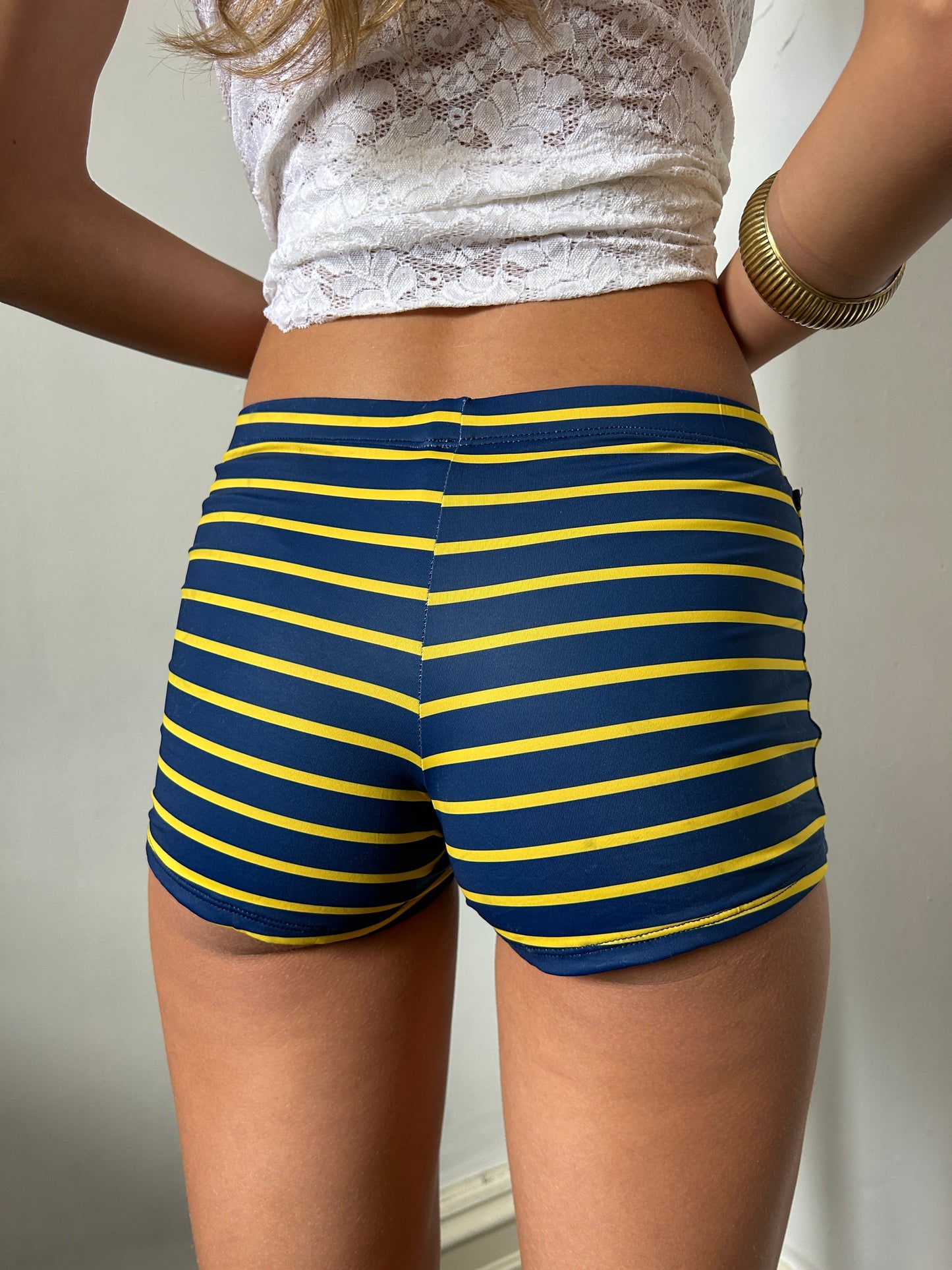 Blue Yellow Striped Micro Mini Swim Shorts - Size Small