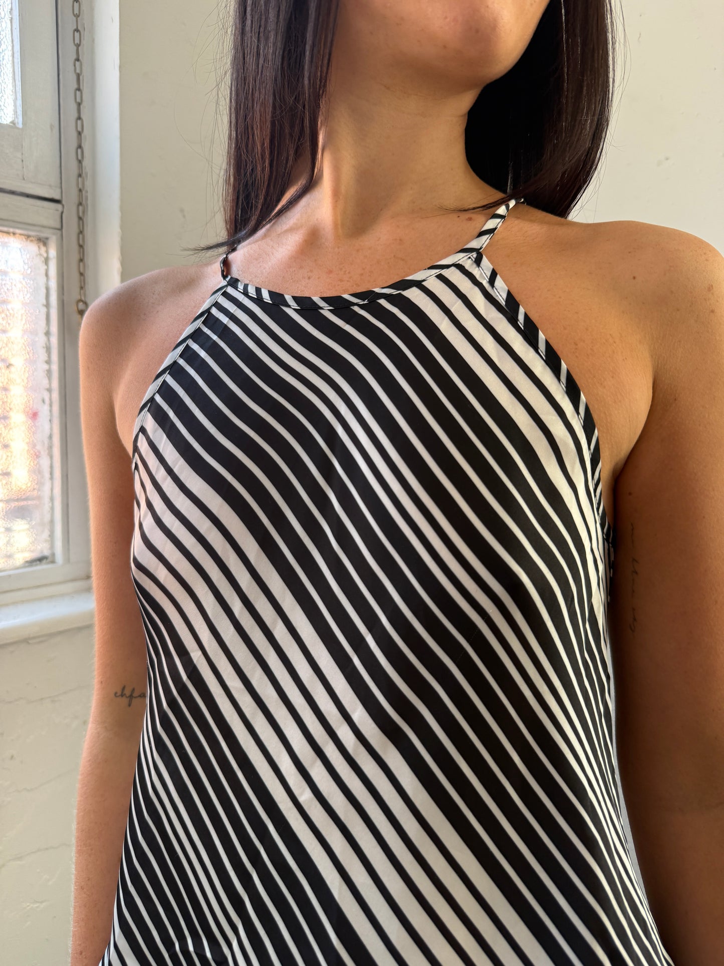 Black White Striped Halter Neck Top - Size Small
