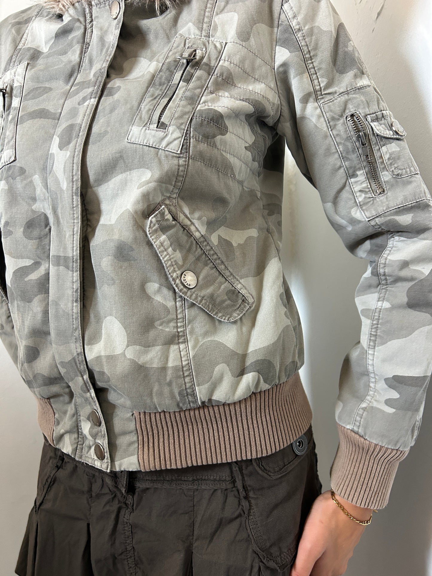 Camo Green Khaki Jacket w Faux Fur Hood - Size 10
