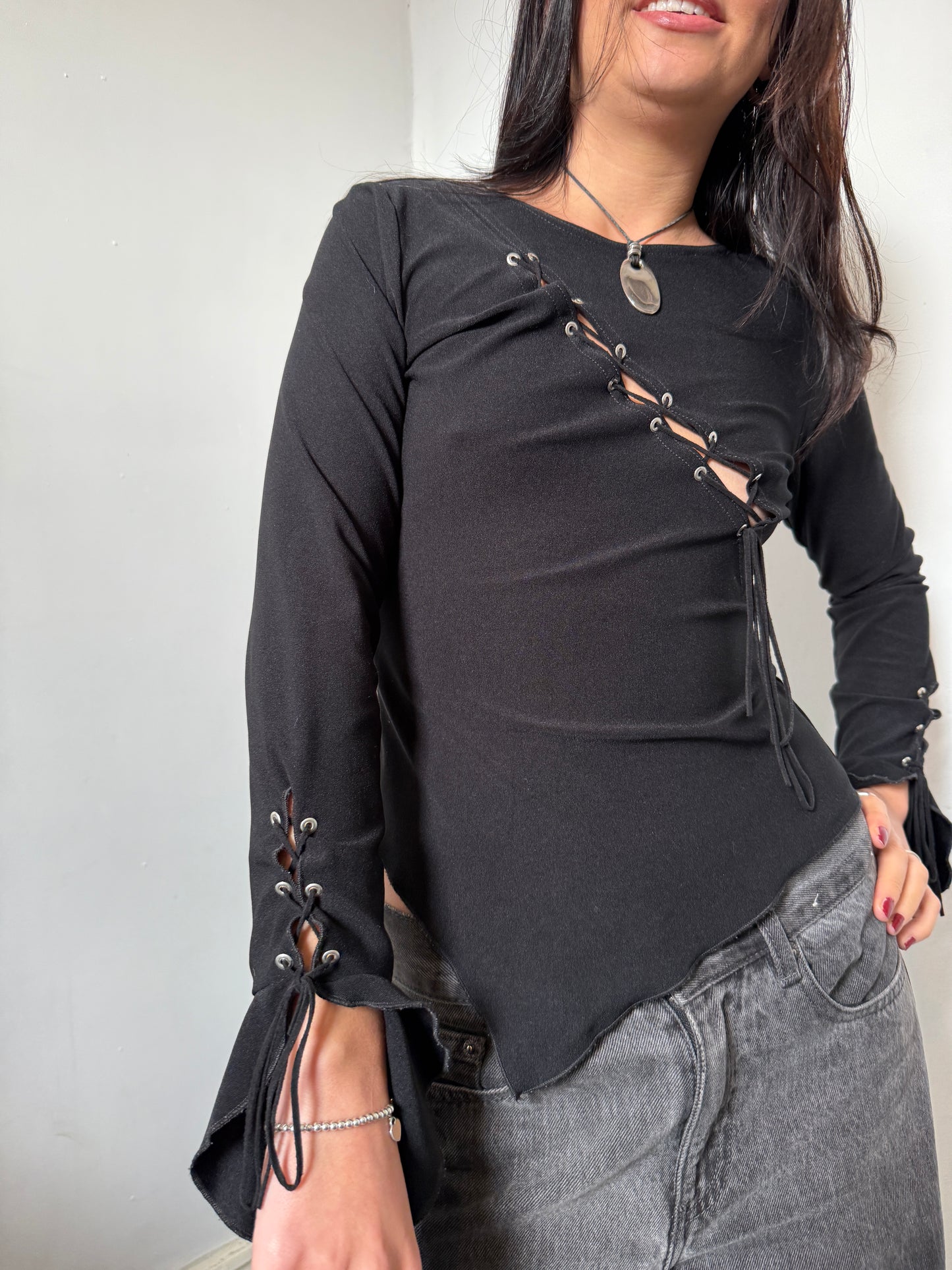 Black Asymmetrical Bell Sleeve Unique Long Sleeve Top - Size 8/10