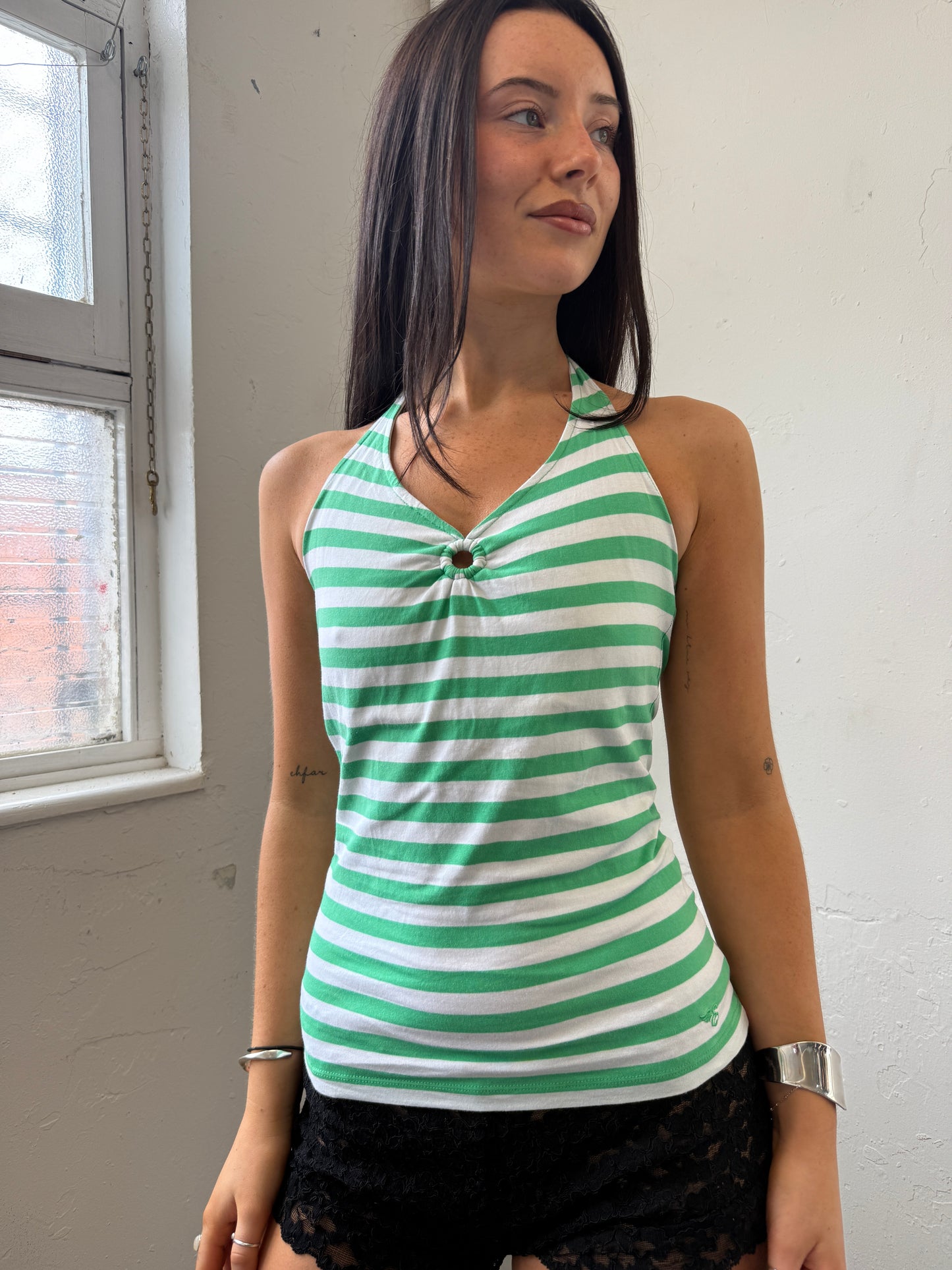 Green White Striped Halter Top - Size Small