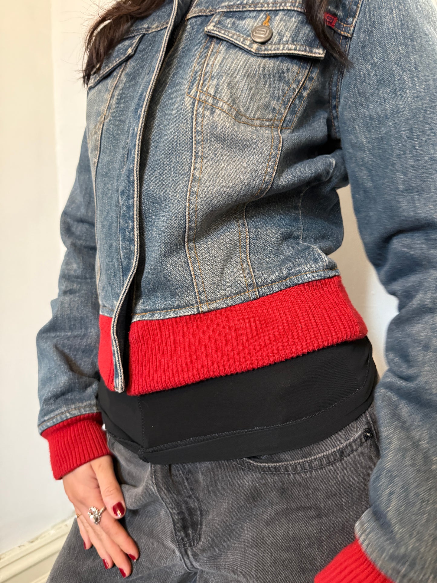 Denim Red Zip Up Jacket - Size Small