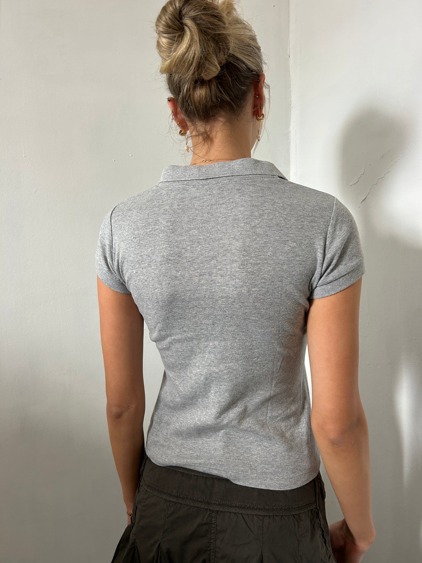 Grey Cotton Polo Style Top - Size Small