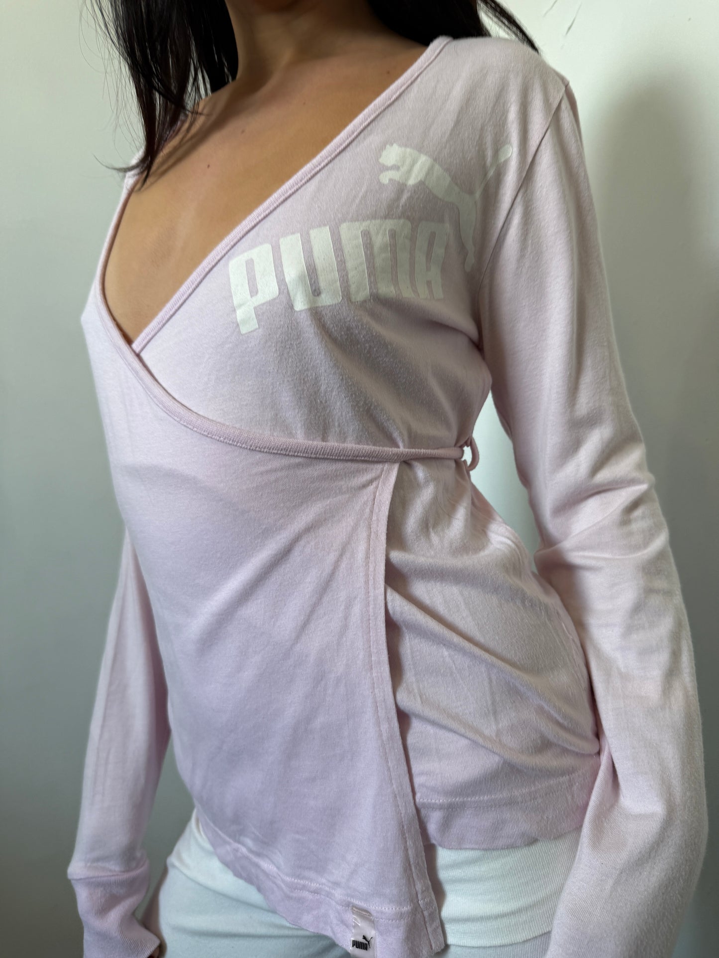 Pink White Puma Long Sleeve Wrap Top - Size Medium