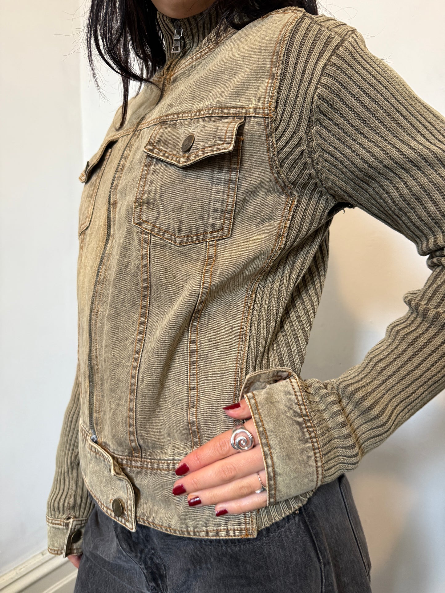 Khaki Wash Zip Up Ribbed Jacket - Size Small